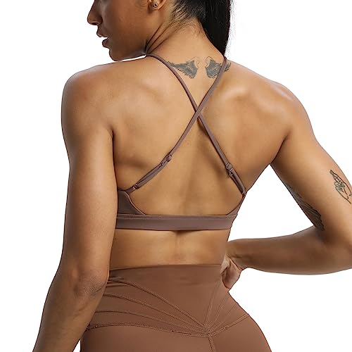 Aoxjox Women's Workout Sports Bras Jamie Deep V Fitness Backless Padded Training Gym Bra Yoga Crop Tank Top (Fudge Coffee, Medium)