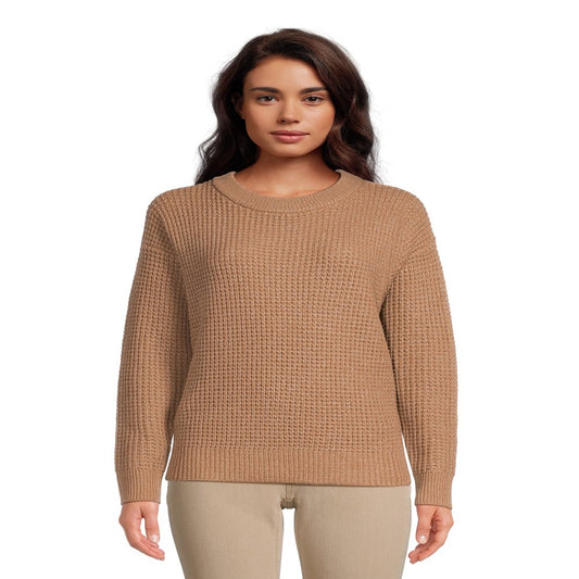 Time and Tru Women's Long Sleeve Waffle Crewneck Pullover Sweater
