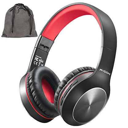 Rydohi Bluetooth Headphones Over Ear,68H Playtime and 3 EQ Music Modes Wireless Headphones with Microphone/Deep Bass, HiFi Stereo Foldable Lightweight Headset for PC Home Travel Office (Black Red)