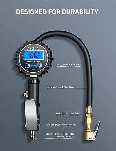 AstroAI Digital Tire Pressure Gauge with Inflator(3-250 PSI for 0.1 Display Resolution), Heavy Duty Air Chuck and Compressor Accessories with Rubber Hose and Quick Connect Coupler Car Accessories.