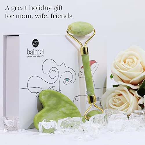 BAIMEI Jade Roller & Gua Sha Set Face Roller and Gua Sha Facial Tools for Skin Care Routine and Puffiness-Green