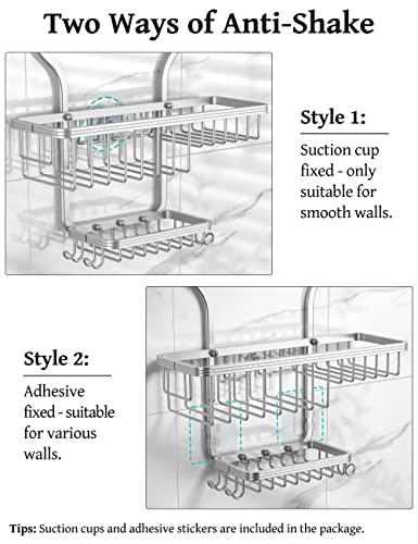 YASONIC Hanging Shower Caddy Over Shower Head with 10 Hooks for Razor/Sponge, Soap Basket Never Rust Aluminum , Large - Silver