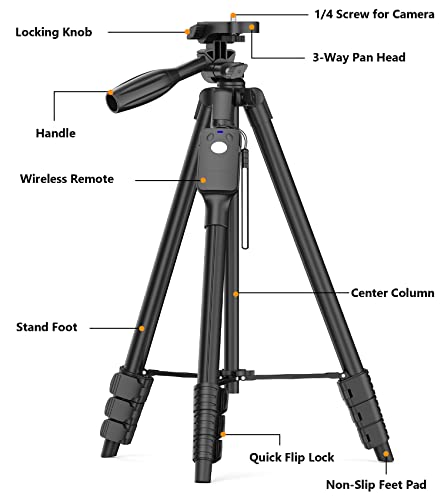 XXZU 60" Camera Tripod with Travel Bag,Cell Phone Tripod with Remote,Professional Aluminum Portable Tripod Stand with Phone Tripod Mount&1/4”Screw,Compatible with Phone/Camera/Projector/DSLR/SLR