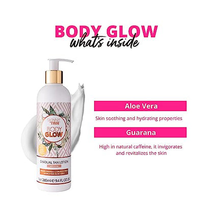 Skinny Tan Body Glow Gradual Tan Lotion - Lightweight, Fast-Absorbing Formula - Coconut and Vanilla Scent - Enriched with Aloe Vera and Guarana - Natural, Streak Free Gold Color - Medium - 9.4 oz