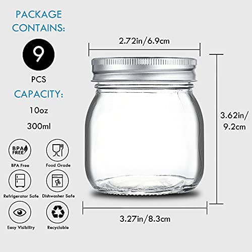 YEBODA 9 Pack Wide Mouth Mason Jars 10 oz Glass Canning Jars with Airtight Lids and Bands for Preserving, Jam, Honey, Jelly, Wedding Favors, Shower Favors, Sauces, DIY Spice Jars