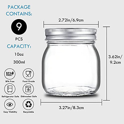 YEBODA 9 Pack Wide Mouth Mason Jars 10 oz Glass Canning Jars with Airtight Lids and Bands for Preserving, Jam, Honey, Jelly, Wedding Favors, Shower Favors, Sauces, DIY Spice Jars