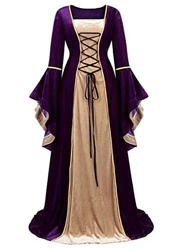 Renaissance Costume Women Velvet Irish Dress Medieval Witch Costumes Victorian Faire Costumes Purple-2XL