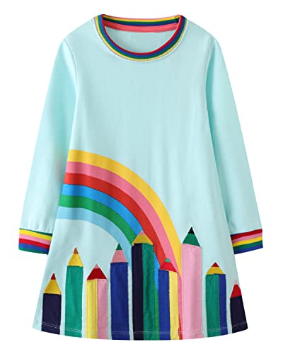 Youlebao Girls Cotton Long Sleeve Casual Cartoon Appliques Striped Jersey Dresses(2T, UGDS12)