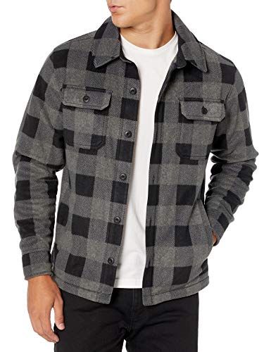 Amazon Essentials Men's Long-Sleeve Polar Fleece Shirt Jacket, Black Charcoal Buffalo Plaid, Large