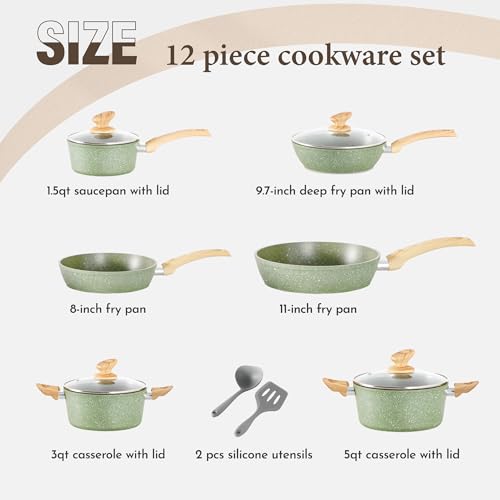 Kitchen Academy Induction Cookware Sets - 12 Piece Green Cooking Pan Set, Granite Nonstick Pots and Pans Set