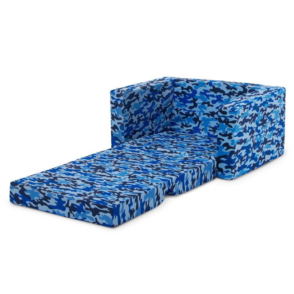 Delta Children Cozee Flip-Out Chair - 2-in-1 Convertible Chair to Lounger for Kids, Blue Camo