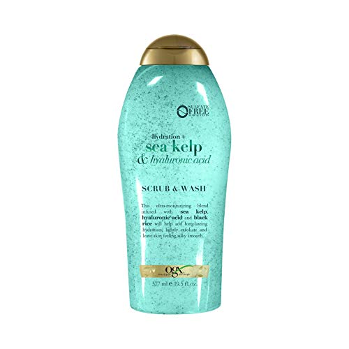 OGX Hydration + Sea Kelp & Hyaluronic Acid Sulfate-Free Lightly Moisturizing Body Scrub with Black Rice, Gentle Exfoliating Daily Body Wash to Soften & Smooth Skin, 19.5 Fl Oz