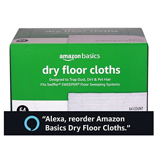 Amazon Basics Dry Floor Cleaning Cloths to Trap Dust, Dirt, Pet Hair, 64 Count (Previously Solimo), White, 10.4" x 8"