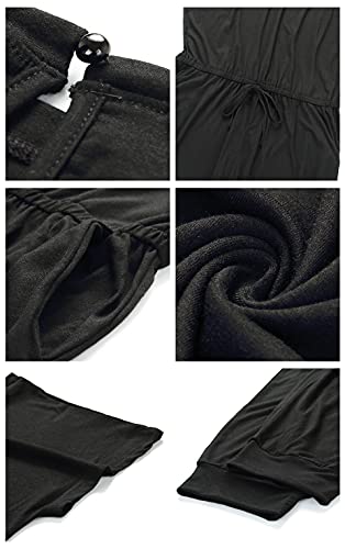 PRETTYGARDEN Women's Loose Solid Off Shoulder Elastic Waist Stretchy Long Romper Jumpsuit（Black,Large）