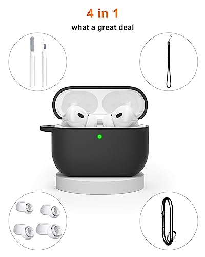 SUPFINE Compatible with Airpods Pro 2nd Generation Case, Airpod Pro Case Cover 2022/2019 with Cleaner kit&Replacement Eartips, Soft Silicone Airpods Pro Case with Keychain and Lanyard (Black)