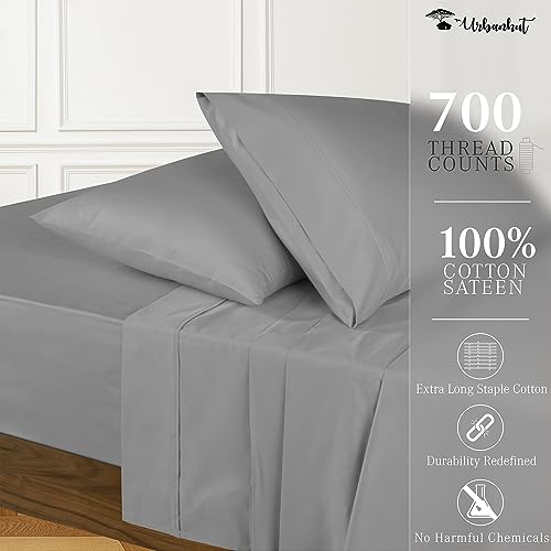 URBANHUT 100% Cotton King Sheets Set (4Pc), 700 Thread Count, Soft Luxury Bed Sheets for King Size Bed, Sateen Weave Hotel Sheets, 16'' Elasticized Deep Pocket - Dark Grey