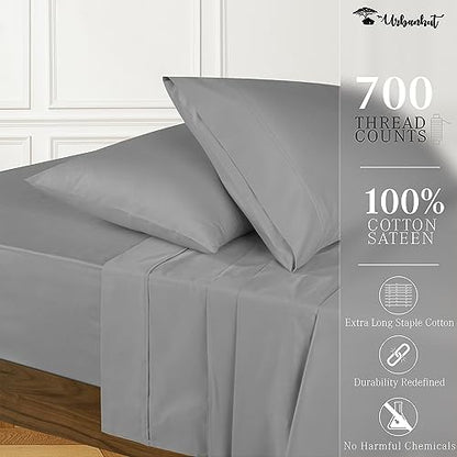 URBANHUT 100% Cotton King Sheets Set (4Pc), 700 Thread Count, Soft Luxury Bed Sheets for King Size Bed, Sateen Weave Hotel Sheets, 16'' Elasticized Deep Pocket - Dark Grey