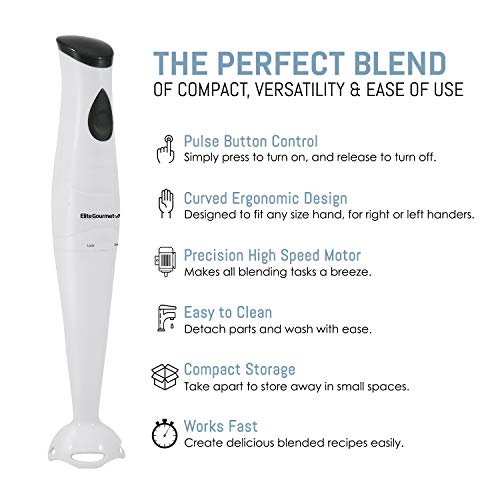 Elite Gourmet EHB-2425X Electric Immersion Hand Blender, Mixer, Chopper, 1-Touch Control Multi Purpose Electric Immersion Stick, Mixer, Chopper, 150 Watts, For Soups, Sauces, Baby Food, White