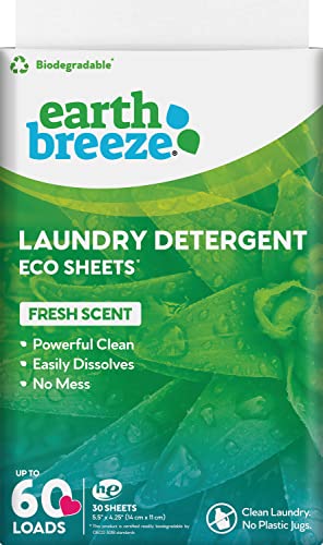 Earth Breeze Laundry Detergent Sheets - Fresh Scent - No Plastic Jug (60 Loads) 30 Sheets, Liquidless Technology…