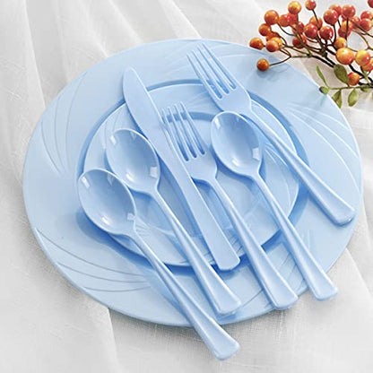 YOUBET 125Pieces Blue Plastic Plates-Blue Plastic Silverware-Include 25 Dinner Plates 25 Dessert Plates 25 Forks 25 Knives 25 Spoons- Blue Plastic Dinnerware for Parties
