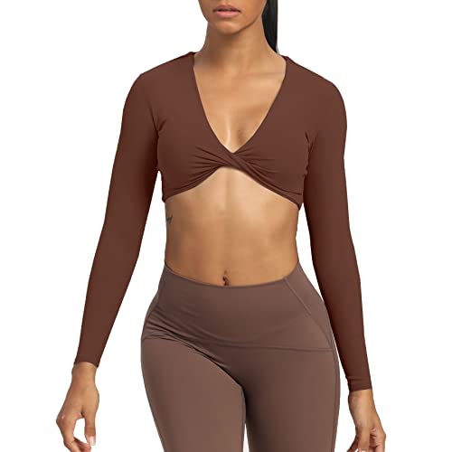 Aoxjox Long Sleeve Crop Tops for Women Sienna Twist Deep V Workout Crop T Shirt Top (Dark Brown, X-Large)