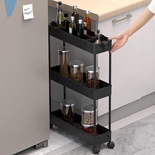 SPACELEAD Slim Storage Cart,3 Tier Bathroom Rolling Slide Out Utility Cart, Mobile Shelving Unit Organizer Trolley for Office Bathroom Kitchen Laundry Room Narrow Places, Black