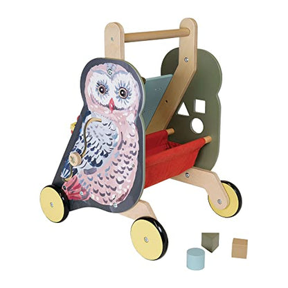 Manhattan Toy Wildwoods Owl Wooden Push Cart with Shape Sorter and Basket, Serrated Oval, Spinners, Bead Run and More Medium