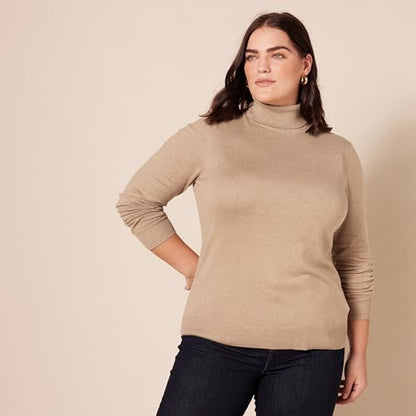 Amazon Essentials Women's Classic-Fit Lightweight Long-Sleeve Turtleneck Sweater (Available in Plus Size), Camel Heather, Medium