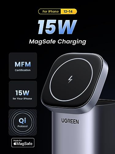 UGREEN Nexode 100W USB C Charger with MagSafe 15W Wireless Charger Stand for iPhone 15 Pro Max/15/14/13/12, GaN Desktop 4 in 1 Charging Station for MacBook Pro/Air M2, iPad, Dell XPS, Galaxy S23