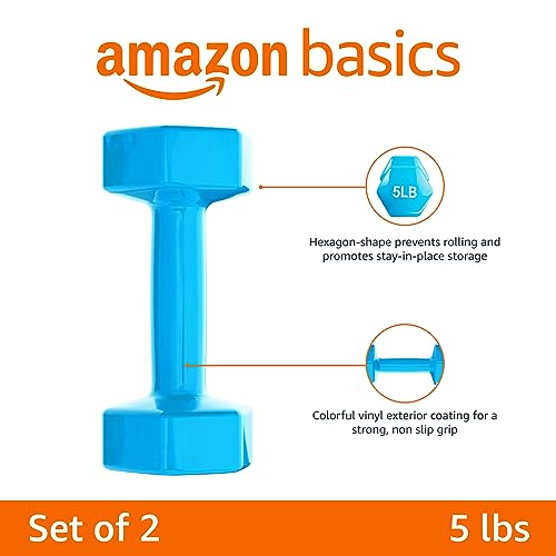 Amazon Basics Vinyl Hexagon Workout Dumbbell Hand Weight, 5 Pounds, Set of 2, Light Blue