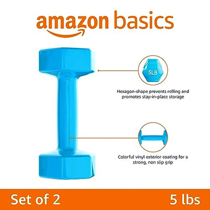 Amazon Basics Vinyl Hexagon Workout Dumbbell Hand Weight, 5 Pounds, Set of 2, Light Blue