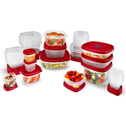 Rubbermaid 60-Piece Food Storage Containers with Lids, Salad Dressing and Condiment Containers, and Steam Vents, Microwave and Dishwasher Safe, Red