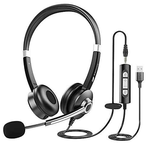 USB Computer Headset with Microphone for Laptop PC,3.5mm Wired Stereo Call Center Headset with Microphone Noise Cancelling, Corded Desktop Headphones with Mic & Mute for Office/Telework/Home/Kids/Zoom