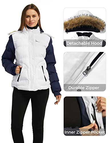 Wantdo Women's Waterproof Bubble Coats Casual Fur Hooded Puffer Jacket (White & Navy, Large)