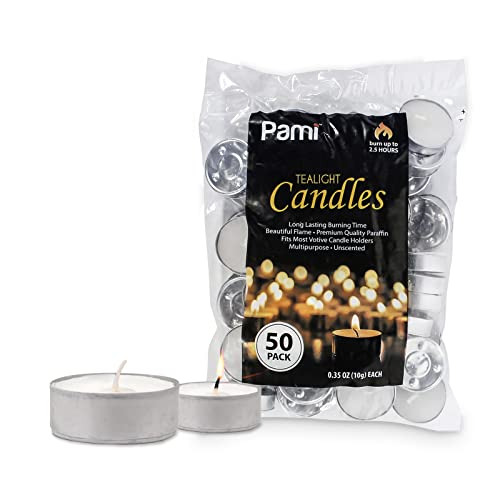 PAMI Premium Long-Lasting Tealight Candles [50-Piece Bag] - Unscented Tea Candles with 2.5 Hours Burning Time- Paraffin Tealights with Beautiful Flame- Round Candles Perfect for Votive Candle Holders