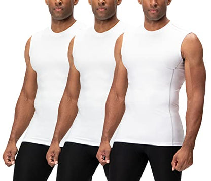 DEVOPS 3 Pack Men's Athletic Compression Shirts Sleeveless (Large, White 3Pack)