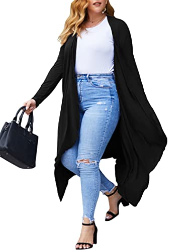 Women's Plus Size Long Sleeve Waterfall Asymmetric Drape Open Long Maxi Cardigan (Black, XXXL)