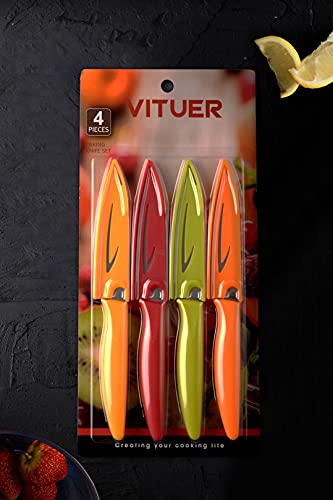 VITUER Paring knife, 4PCS Paring knives (4 Knives and 4 Knife cover), 4 Inch Peeling Knife, Fruit and Vegetable Knife, Ultra Sharp Kitchen Knives, German Steel, PP Plastic Handle