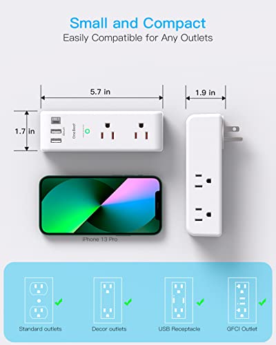 Surge Protector Outlet Extender - with Rotating Plug, 6 AC Multi Plug Outlet with 3 USB Ports (1 USB C), 1800 Joules, 3-Sided Swivel Power Strip with Spaced Outlet Splitter for Home, Office, Travel