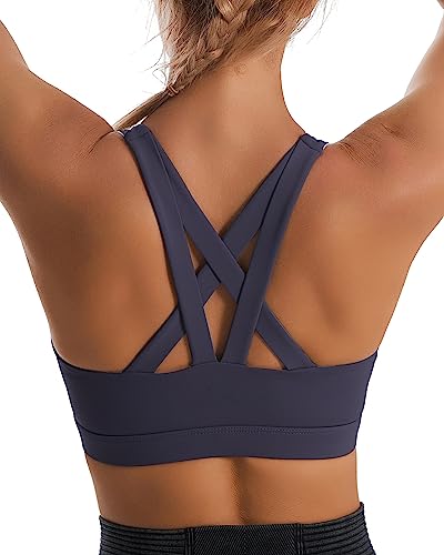 RUNNING GIRL Sports Bra for Women, Criss-Cross Back Padded Strappy Sports Bras Medium Support Yoga Bra with Removable Cups (2575-Dusty Blue, S)