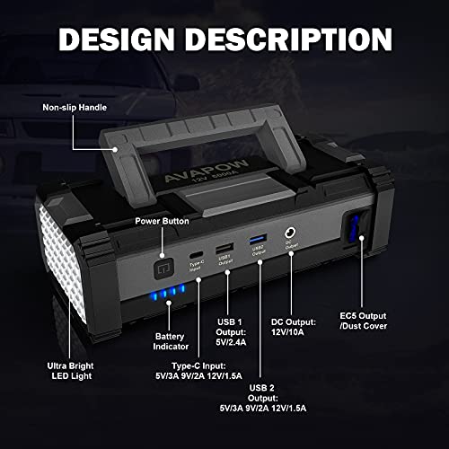 AVAPOW 6000A Car Battery Jump Starter(for All Gas or up to 12L Diesel) Powerful Starter with Dual USB Quick Charge and DC Output,12V Pack Built-in LED Bright Light