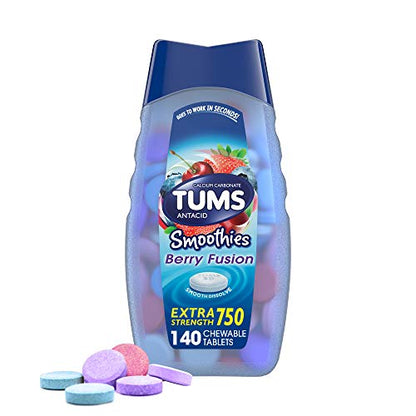 TUMS Smoothies Extra Strength Antacid Tablets for Chewable Heartburn Relief and Acid Indigestion Relief, Berry Fusion - 140 Count