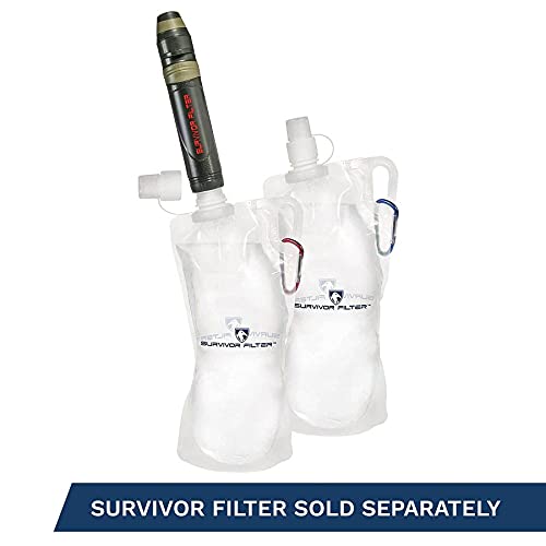 Survivor Filter Clear Collapsible Water Bottle Canteens - Travel Water Bottle - Includes Carabiners - Use with Our Straw Filter or as Foldable Water Bottles - BPA Free - White - 2 x 33oz / 1 Liter