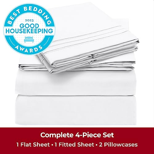 Mellanni Queen Sheet Set - 4 PC Iconic Collection Bedding Sheets & Pillowcases - Hotel Luxury, Extra Soft, Cooling Bed Sheets - Deep Pocket up to 16" - Wrinkle, Fade, Stain Resistant (Queen, White)