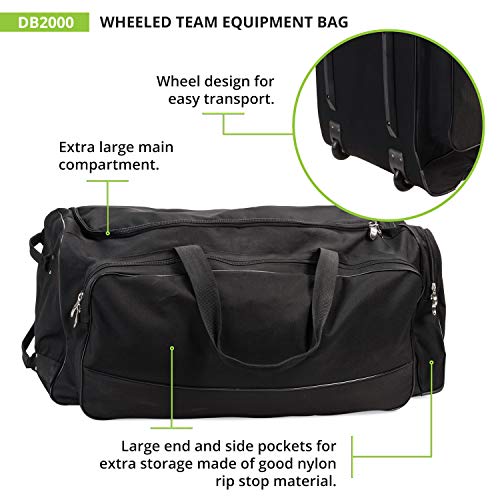 Champion Sports Wheeled Equipment Bag: Large Nylon Athletic Travel Bag with Wheels for Baseball, Football, Basketball, Soccer, Hockey, and Training , Black