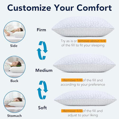 QUTOOL Cooling Pillows for Sleeping, Memory Foam Pillows 2 Pack, Bed Pillows King Size Set of 2 Gel Infused Adjustable Pillow with Bamboo & Cooling Pillow Cover Firm Pillow for Side and Back Sleepers