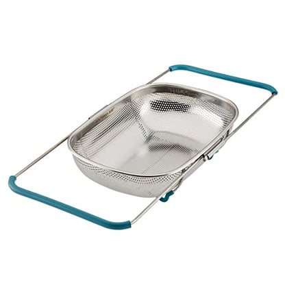 Rachael Ray Tools and Gadgets Over-The-Sink Colander/Strainer, 4.5 Quart, Stainless Steel with Agave Blue Handles