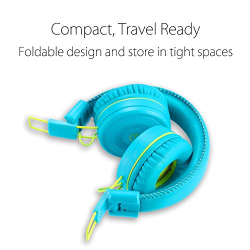 Kids Headphones-noot products K22 Foldable Stereo Tangle-Free 5ft Long cord 3.5mm Jack Plug in Wired On-Ear Headset for iPad/Amazon Kindle,Fire/Boys/Girls/Laptop/School/Travel/Plane/Tablet (Teal/Lime)