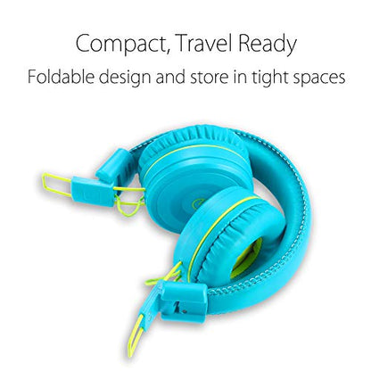 Kids Headphones-noot products K22 Foldable Stereo Tangle-Free 5ft Long cord 3.5mm Jack Plug in Wired On-Ear Headset for iPad/Amazon Kindle,Fire/Boys/Girls/Laptop/School/Travel/Plane/Tablet (Teal/Lime)