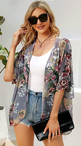 Women's Floral Print Puff Sleeve Kimono Cardigan Loose Cover Up Casual Blouse Tops(Dark Grey,L)